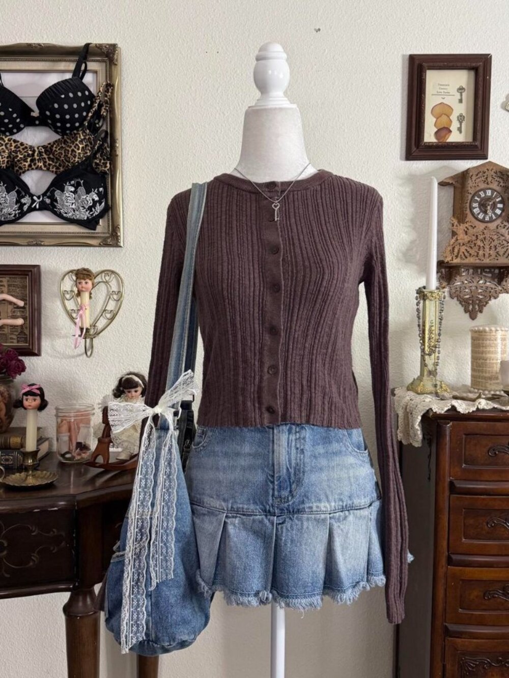 Preppy fairy grunge brown ribbed cropped cardigan